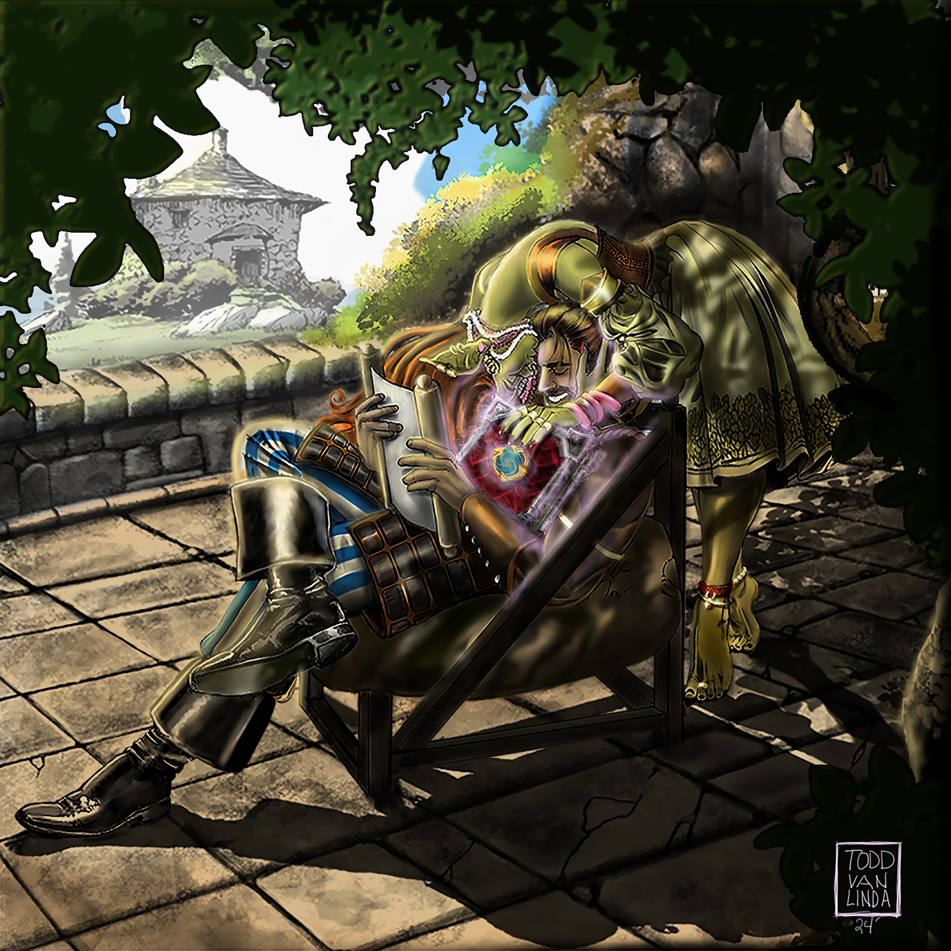 Narrative fantasy illustration by Todd Van Linda showing characters discovering magic in an ancient book