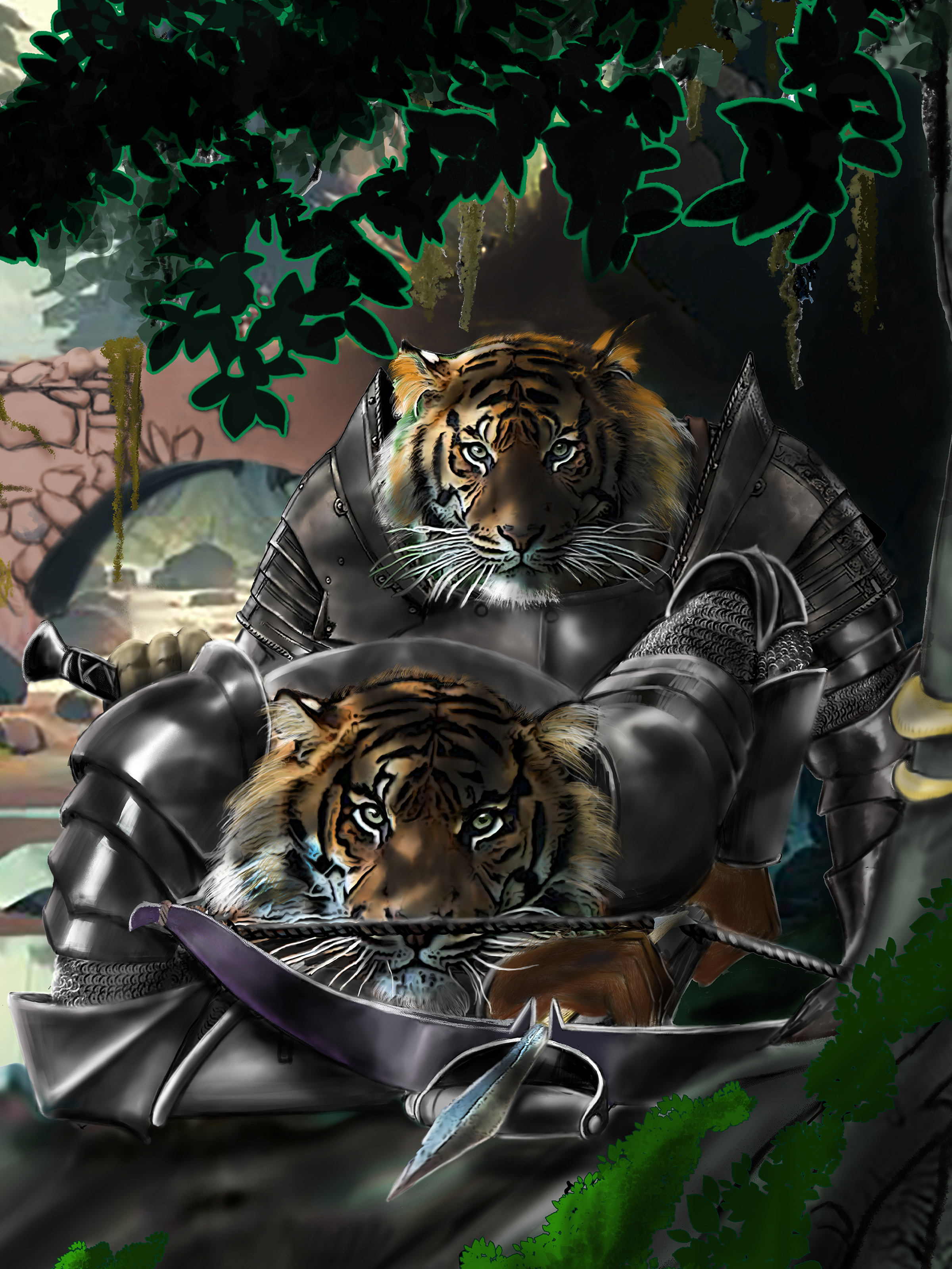 Armored tiger warrior fantasy illustration and environment design by Todd Van Linda